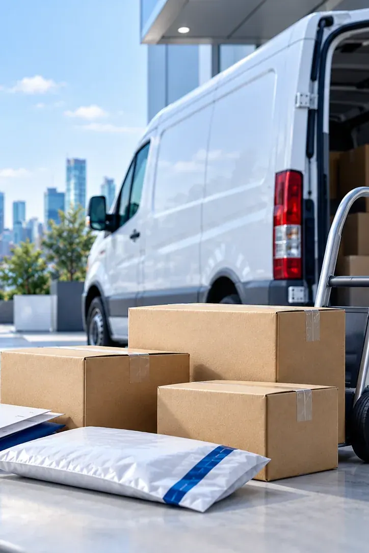 Illustrative unbranded delivery van and parcels at a commercial entrance.