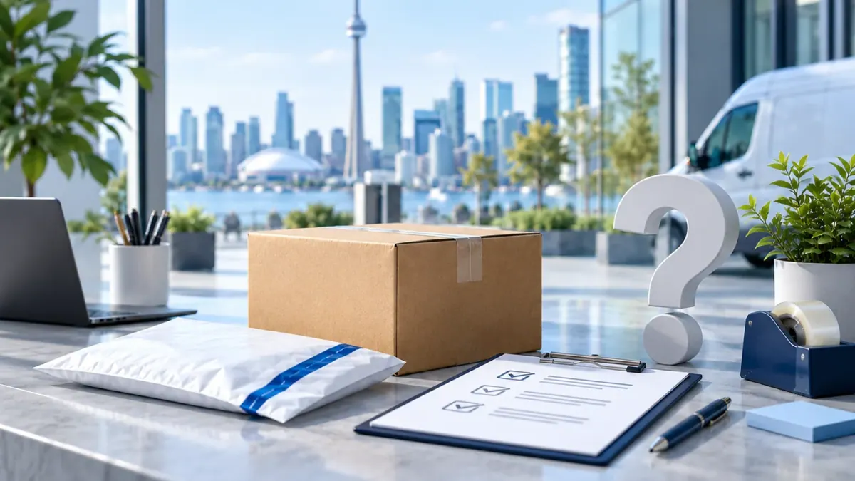 Illustrative delivery checklist, parcel and question-mark symbol.
