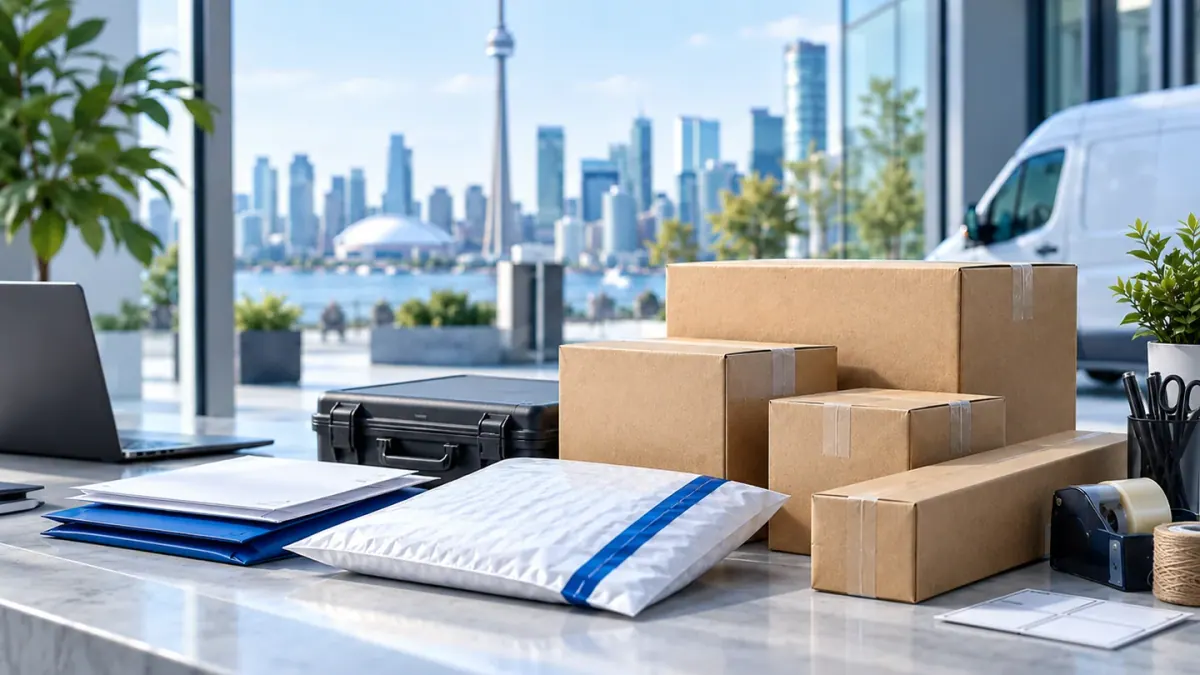 Illustrative parcels, document mailers and a protective transport case.