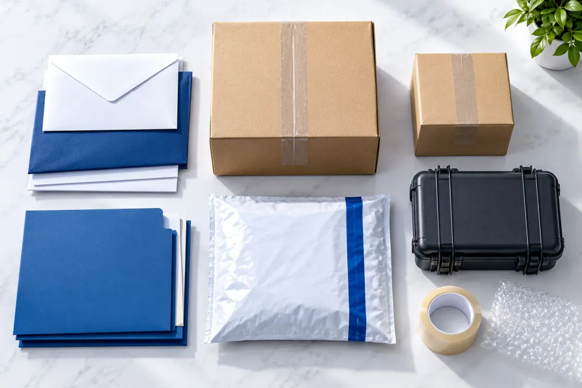 Illustrative documents, parcels, a padded mailer and a protective case.