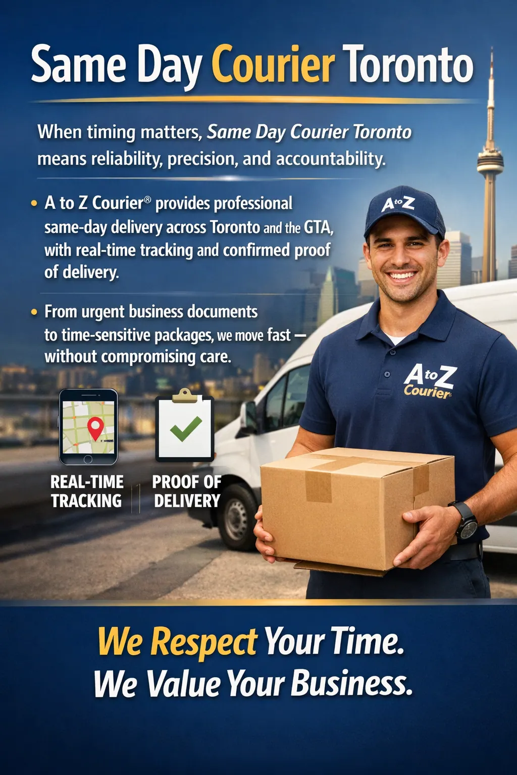 Chauffeur A to Z Courier® tenant un colis, avec suivi en temps réel et preuve de livraison