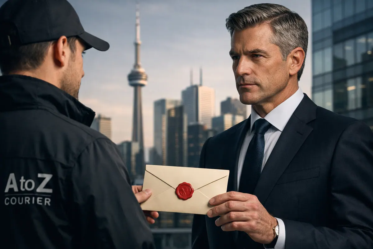 Un chauffeur A to Z Courier® remet une enveloppe scellée à un client d’affaires au centre-ville de Toronto