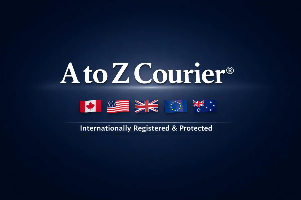 Nom A to Z Courier® avec les drapeaux du Canada, des États-Unis, du Royaume-Uni, de l’Union européenne et de l’Australie