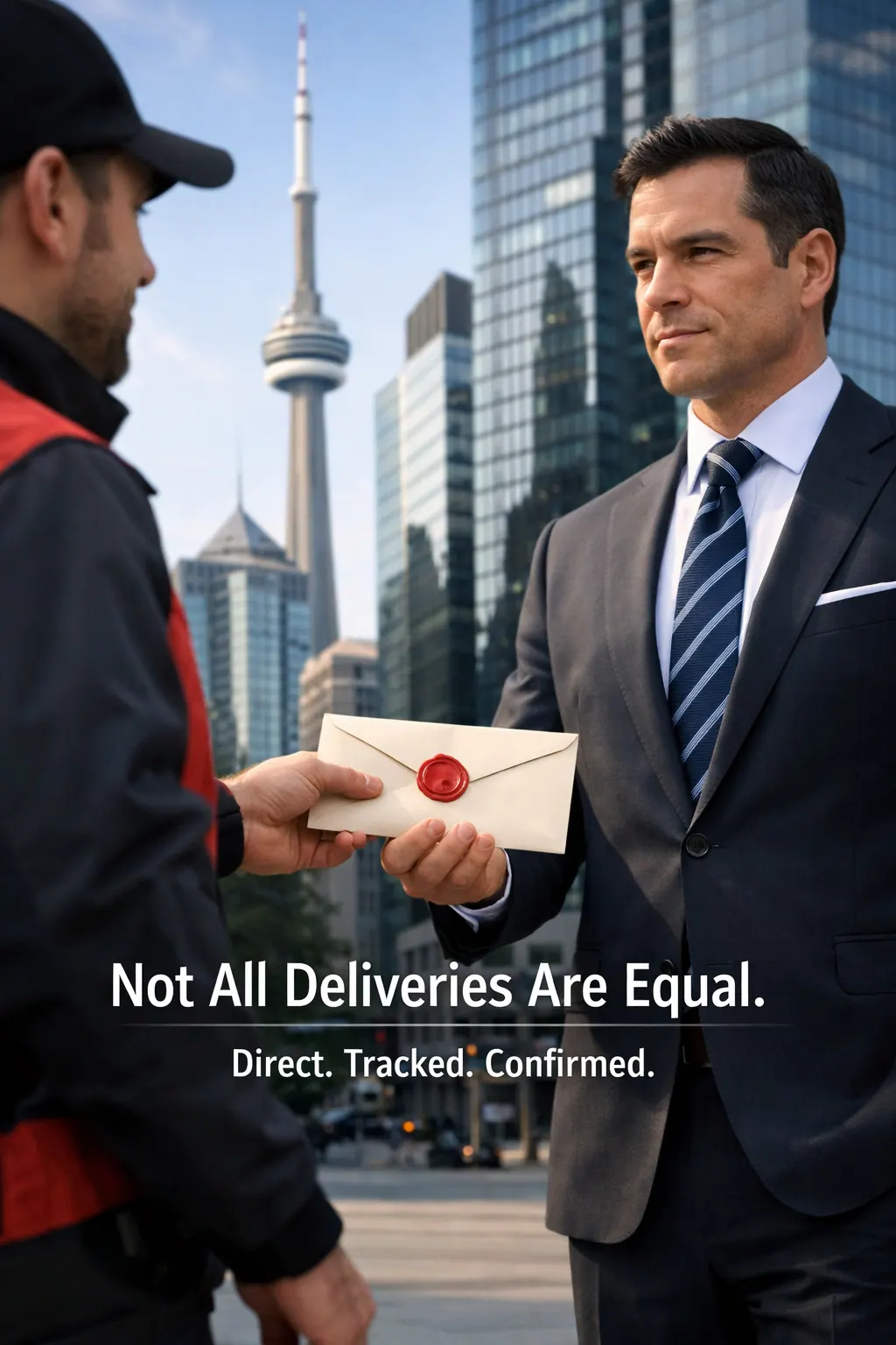 A to Z Courier® courier delivering a sealed envelope to a businessman near the CN Tower