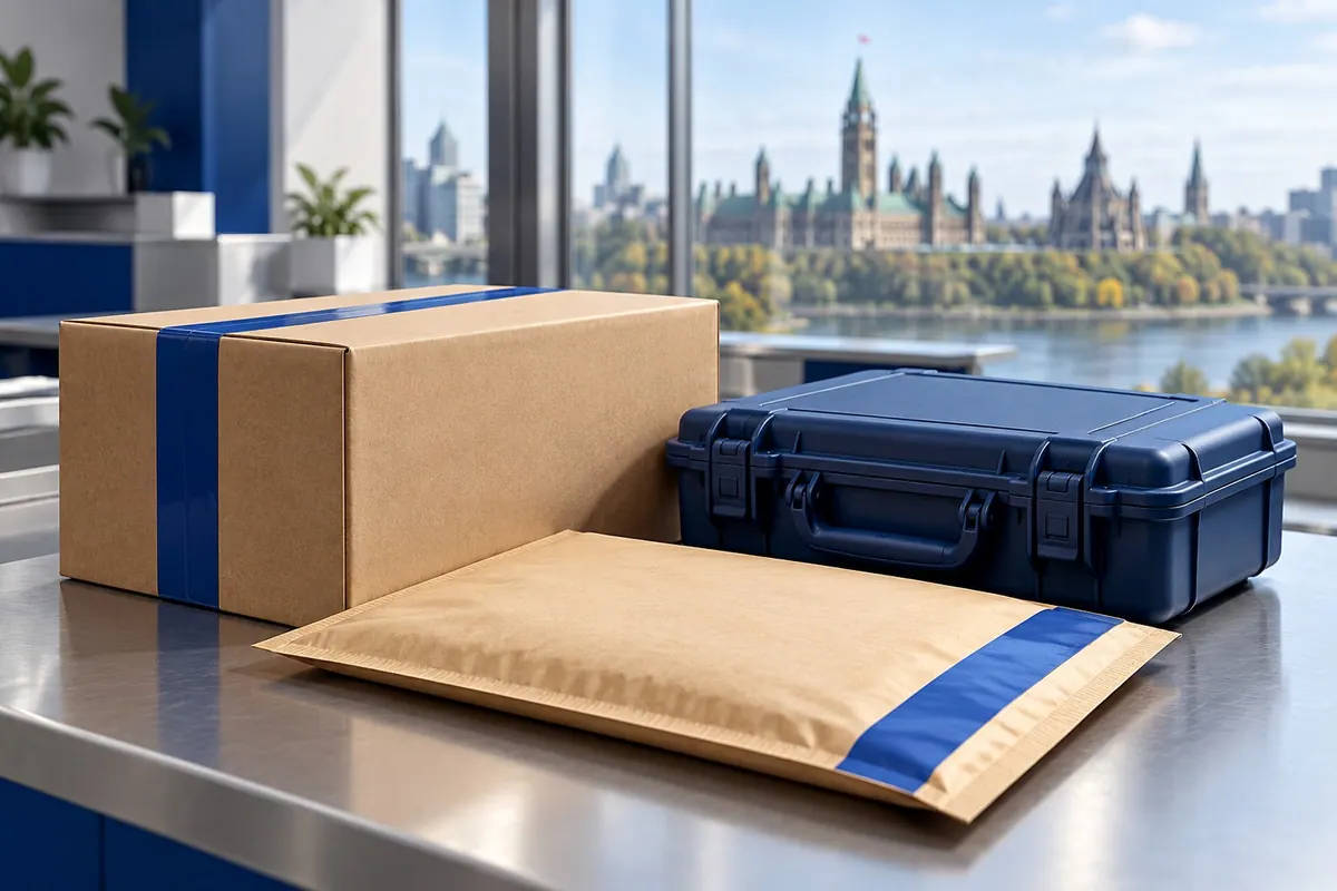 Illustrative parcel, padded mailer and protective case prepared for business courier delivery.